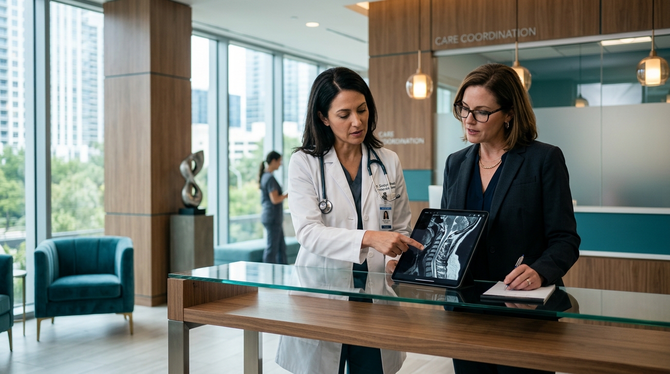 SurgiMedics medical coordinator and doctor analyzing cervical diagnostic MRI imaging with personal injury attorney